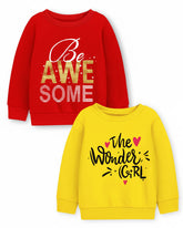 Trampoline Fleece Knit Full Sleeves Awesome & The Wonder Girl Printed Winter Sweatshirt Pack Of 2 - Red Yellow