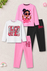 Trampoline Girls Cotton Blend Love & Queen Vibes Print T-Shirt & Pyjama Set – Pack of 2 (Multi Colour)