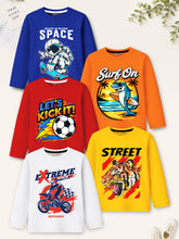 Trampoline Boys Cotton Blend Space, Race, Football & Tiger Print Full Sleeve T-Shirts – Pack of 5 (Multi Colour)