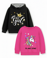 Trampoline Fleece Knit Full Sleeves Girl & Unicorn Printed Winter Sweatshirt Pack Of 2 - Black Pink