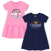 Trampoline Girls Midi Dress Combo | Half Sleeve Cotton Dresses with Fun Prints | Soft & Stylish Everyday Outfits for Kids | Pack of 2