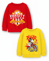 Trampoline Fleece Knit Full Sleeves Varsity Soccer & Bike Printed Winter Sweatshirt Pack Of 2 - Red Yellow
