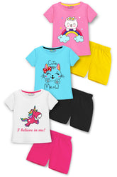 Trampoline Cotton Blend Knit Pack Of 3 Half Sleeves Unicorn, Cat & Rainbow Designs Printed T-Shirt & Shorts Set - Multi Color