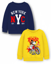 Trampoline Fleece Knit Full Sleeves Nyc & Bike Printed Winter Sweatshirt Pack Of 2 - Navy Blue Yellow