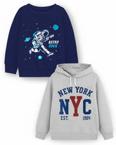 Trampoline Fleece Knit Full Sleeves Astronaut & NYC Printed Winter Sweatshirt Pack of 2 - Blue Grey