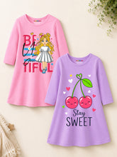 Trampoline Girls Cotton Blend Bunny & Cherry Print A-Line Dress – Pack of 2 (Pink & Purple)