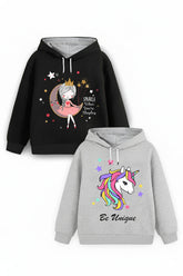 Trampoline Fleece Knit Full Sleeves Unicorn Printed Hooded Winter Sweatshirt Pack of 2 - Black Grey