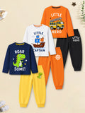 Trampoline Boys Cotton Blend Fire Truck & Dinosaur Print T-Shirt & Pyjama Set – Pack of 3 (Multi Colour)