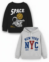 Trampoline Fleece Knit Full Sleeves Space & Nyc Printed Winter Sweatshirt Pack Of 2 - Black Grey