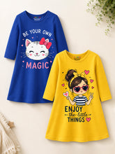 Trampoline Girls Cotton Blend Cute Kitty & Girl Print Dress – Pack of 2 (Navy Blue & Yellow)