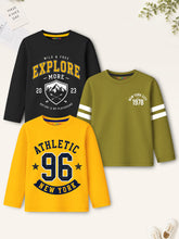Trampoline Boys Cotton Blend Varsity Print Full Sleeve T-Shirts – Pack of 3 (Multi Colour)