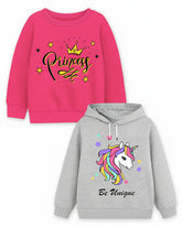 Trampoline Fleece Knit Full Sleeves Princess & Unicorn Printed Winter Sweatshirt Pack Of 2 - Pink Grey