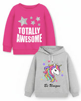 Trampoline Fleece Knit Full Sleeves Totally Awesome & Unicorn Printed Winter Sweatshirt Pack of 2 - Pink Grey