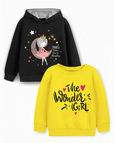 Trampoline Fleece Knit Full Sleeves The Wonder Girl Printed Winter Sweatshirt Pack Of 2 - Black Yellow
