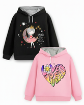 Trampoline Fleece Knit Full Sleeves Heart Printed Hooded Winter Sweatshirt Pack Of 2 - Black Pink