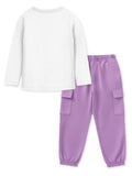 Girls Text Printed T-Shirt with Track Pant Set – White & Purple | Trampoline Kids