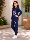 Trampoline Girls Cotton Blend Magic Cat Print T-Shirt with Trackpants Set – Navy Blue