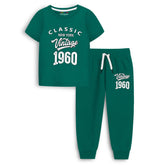 Trampoline Cotton Blend Knit Half Sleeves Vintage 1960 Printed T-shirt & Track Pants Set - Green