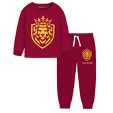 Trampoline Cotton Blend Knit Full Sleeves Lion Printed Tee With Coordinating Joggers Set - Maroon