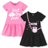 Trampoline Girls Midi Dress Combo | Half Sleeve Cotton Dresses with Fun Prints | Soft & Stylish Everyday Outfits for Kids | Pack of 2