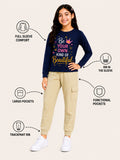 Trampoline Girls Cotton Blend Printed T-Shirt with 4 Pocket Cargo Jogger – Navy Blue & Beige
