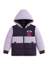 Trampoline Knit Full Sleeves Colorblock Puffer Winter Jacket With 2 Front Pockets - Purple