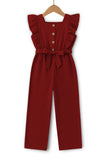 Trampoline Girls Woven Slub Ruffle Sleeves Jumpsuit - Maroon