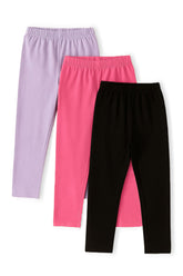 Trampoline Girls Solid Cotton Lycra Slim Fit Leggings Pack of 3 - Multicolour
