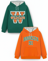 Trampoline Fleece Knit Full Sleeves Wildcats & Brooklyn Printed Hooded Winter Sweatshirt Pack of 2 - Green Orange