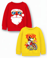 Trampoline Fleece Knit Full Sleeves Santa Printed Winter Sweatshirt Pack of 2 - Red Yellow