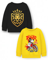Trampoline Fleece Knit Full Sleeves Lion King & Bike Printed Winter Sweatshirt Pack Of 2 - Black Yellow