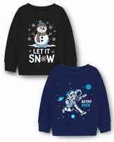 Trampoline Fleece Knit Full Sleeves Snoe Man & Astronaut Printed Winter Sweatshirt Pack of 2 - Black Navy Blue