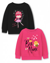 Trampoline Fleece Knit Full Sleeves Doll & Bee Mine Printed Winter Sweatshirt Pack Of 2 - Black Pink