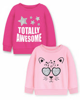 Trampoline Fleece Knit Full Sleeves Totally Awesome & Cat Printed Winter Sweatshirt Pack Of 2 - Pink Light Pink