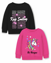 Trampoline Fleece Knit Full Sleeves Keep Smiling & Unicorn Printed Winter Sweatshirt Pack Of 2 - Black Pink