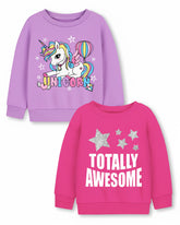Trampoline Fleece Knit Full Sleeves Unicorn & Totally Awesome Printed Winter Sweatshirt Pack of 2 - Purple Pink