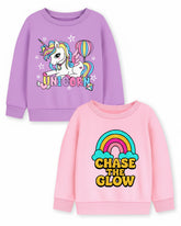 Trampoline Fleece Knit Full Sleeves Unicorn & Chase The Glow Printed Winter Sweatshirt Pack Of 2 - Purple Pink
