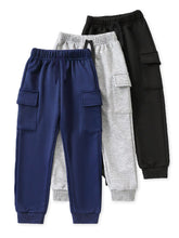Trampoline Cotton Blend Knit Pack Of 3 Solid Cargo Joggers With Pockets - Blue,Grey & Black