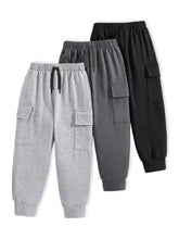 Trampoline Cotton Blend Knit Pack Of 3 Solid Cargo Joggers With Pockets - Blue, Dark Grey & Black