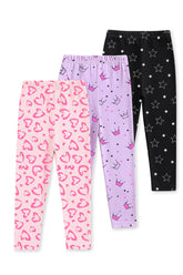 Trampoline Cotton Lycra Knit Full Length Leggings All Over Printed Pack Of 3 - Purple Pink & Black
