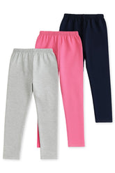 Trampoline Cotton Lycra Knit Full Length Leggings Solid Pack Of 3 - Black Pink & Grey