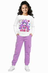 Trampoline Knit Cotton Blend Full Sleeves Text Printed T-shirt With Coordinating Track Pant Set - White & Purple
