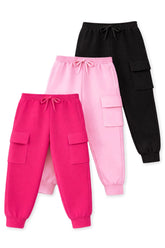Trampoline Girls Knit Pack Of 3 Solid Cargo Joggers With Pockets - Multi Colour