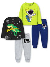 Trampoline Cotton Blend Knit Pack of 2 Full Sleeves Space Theme And Dinosaur T-shirt and Pyjama Set - Green & Black