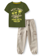 Trampoline Knit Adventure Print Cotton Blend T-shirt & Solid Cotton Terry Loop Cargo Jogger Set – Green & Beige