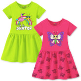 Trampoline Girls Midi Dress Combo | Half Sleeve Cotton Blend Dresses with Fun Prints | Soft & Stylish Everyday Outfits for Kids | Pack of 2