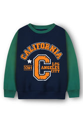 Trampoline Fleece Knit Full Sleeves California Printed Colour Blocked Winter Sweatshirt - Blue & Green