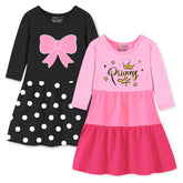 Trampoline Knit Three Fourth Sleeves Princess & Bow Printed Dress - Pink & Black