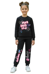 Trampoline Knit Terry loop Full Sleeves Text Printed T-shirt With Coordinating Track Pant Set - Black