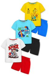 Trampoline Cotton Blend Pack Of 3 Half Sleeves Super Cool Giraffe & Best Kid Rider Printed T-Shirt & Shorts Set - Multi Colour